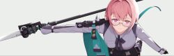 1girl absurdres black_gloves breasts collared_shirt glasses gloves hair_between_eyes highres holding holding_polearm holding_weapon large_breasts long_hair long_sleeves looking_at_viewer naginata pink_eyes pink_hair polearm roa_ilis shirt smile tsukishiro_yanagi upper_body weapon white_shirt zenless_zone_zero