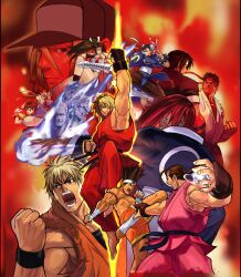 4girls 6+boys absurdres akuma_(street_fighter) angry braid breasts brown_hair capcom capcom_vs_snk chun-li crossover fatal_fury fighting fighting_stance fingerless_gloves fire game_cg geese_howard gloves headband hibiki_dan highres joe_higashi kasugano_sakura ken_masters kicking kusanagi_kyou large_breasts m._bison male_focus multiple_boys multiple_girls muscular muscular_male non-web_source official_art punching purple_fire pyrokinesis red_hair ryou_sakazaki ryu_(street_fighter) ryuuko_no_ken school_uniform shiranui_mai short_hair shorts shouryuuken skirt smile snk street_fighter terry_bogard the_king_of_fighters uppercut yagami_iori yamada_takamasa yuri_sakazaki