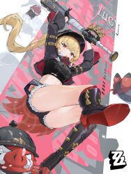 1girl absurdres azreall baseball_bat black_gloves black_helmet black_jacket blonde_hair blush boar breasts combat_helmet crop_top full_body gloves helmet high_heels highres holding holding_baseball_bat jacket long_hair looking_at_viewer luciana_de_montefio mask mask_around_neck metal_baseball_bat micro_shorts navel pickelhaube red_eyes respirator shorts side_ponytail spiked_boots zenless_zone_zero
