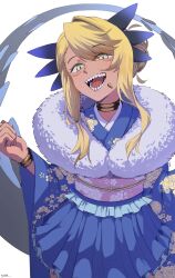 1girl absurdres alternate_costume blonde_hair blue_kimono chin_piercing dragon_girl dragon_horns dragon_tail face_piercing facial_mark fate/grand_order fate_(series) floral_print fur-trimmed_kimono fur_trim highres horns japanese_clothes jewelry kimono long_hair looking_at_viewer neck_ring obi piercing print_kimono sash sharp_teeth smile soap_(sifxi_) solo swept_bangs tail teeth vritra_(fate) wide_sleeves yellow_eyes