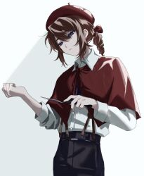 1boy beret black_pants blue_eyes bow brown_hair capelet collared_shirt colored_eyelashes edgar_valden eyelashes hair_bow hat highres holding identity_v imminent_injury imminent_self-harm light_frown long_sleeves looking_at_self looking_down male_focus medium_hair palette_knife pants ponytail red_bow red_capelet ribbon shirt sidelocks simple_background single_drill sleeves_pushed_up solo u0el_t white_background white_shirt