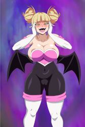 1girl absurdres areola_slip artist_name blush boku_no_hero_academia breasts cosplay female_focus hands_on_own_face highres large_breasts rogue_the_bat rouge_the_bat_(cosplay) sonic_(series) tagme thick_thighs thighs toga_himiko tomiaf wide_hips