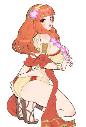 1girl absurdres ass bare_shoulders bikini blunt_bangs blush breasts brown_bikini celica_(fire_emblem) celica_(summer)_(fire_emblem) cleavage fire_emblem fire_emblem_echoes:_shadows_of_valentia fire_emblem_heroes flower flower_hairband flower_necklace gonzarez hair_flower hair_ornament hairband highres jewelry large_breasts lei looking_at_viewer necklace nintendo official_alternate_costume open_mouth priestess red_eyes red_hair red_sash red_shawl sandals sash shawl sideboob simple_background smile solo swimsuit white_background