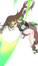 Rule 34 | 1girl, bare shoulders, blonde hair, breasts, chest jewel, cleavage, cleavage cutout, clothing cutout, core crystal (xenoblade), dress, energy sword, hattori (omegamega1001), highres, holding, holding sword, holding weapon, large breasts, mythra (xenoblade), simple background, slashing, solo, sword, tiara, weapon, white background, white dress, xenoblade chronicles (series), xenoblade chronicles 2