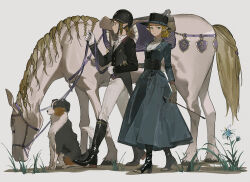 1boy 1girl akihare alternate_costume black_hat blonde_hair blue_dress boots brown_hair dog dress hair_bun hat helmet highres light_smile link nintendo pants pointy_ears princess_zelda silent_princess tailcoat the_legend_of_zelda the_legend_of_zelda:_breath_of_the_wild victorian walking white_horse white_pants
