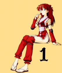 Rule 34 | 1girl, absurdres, alternate costume, amondetauro, blonde hair, blue eyes, candy, fishnet top, fishnets, food, half updo, highres, interface headset (evangelion), invisible chair, japanese clothes, kimono, leg warmers, lollipop, long hair, neon genesis evangelion, ninja, no panties, orange hair, red kimono, red leg warmers, sandals, short kimono, simple background, sitting, solo, souryuu asuka langley, zouri