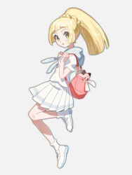 Rule 34 | absurdres, backpack, bag, blonde hair, clefairy, fua1heyvot4ifsr, gen 1 pokemon, green eyes, highres, lillie (pokemon), nintendo, pokemon, pokemon sm, ponytail, shirt, shoes, skirt, stuffed toy, white shirt, white shoes, white skirt