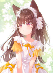 1girl animal_ears brown_hair dress flat_chest headdress highres long_hair looking_to_the_side mutou_mato original parted_lips pink_eyes short_sleeves solo upper_body