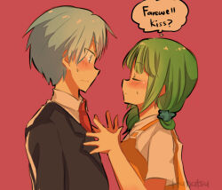 1boy 1girl ansatsu_kyoushitsu black_jacket blue_hair closed_eyes collared_shirt english_text green_hair hanatsu04 jacket kayano_kaede long_hair looking_at_another necktie pink_background shiota_nagisa shirt short_hair simple_background speech_bubble suit_jacket thought_bubble upper_body white_shirt