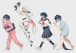 1girl :d animal backpack bag bare_legs barefoot black_bag black_hair black_sailor_collar black_skirt black_socks boots bukimi_isan dog elbow_gloves from_side glasses gloves hands_up happy highres holding holding_animal hood hood_down hooded_leotard kneehighs leaning_forward leotard momijiyama_teru multiple_views neckerchief open_mouth oversized_clothes oversized_shirt pants pink_pants pink_shirt pleated_skirt red-framed_eyewear red_neckerchief sailor_collar semi-rimless_eyewear shirt shoes short_hair short_sleeves shy_(character) shy_(series) simple_background skirt smile socks thigh_boots white_background white_footwear white_gloves white_hair white_leotard white_shirt yawning