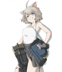 1girl almond_(arknights) animal_ears arknights bandaid bandaid_on_leg bare_arms between_legs blue_eyes blue_jacket blush breasts clothes_around_waist commentary contrapposto cowboy_shot dog_ears dog_girl dog_tail fingerless_gloves from_below gloves grey_hair grey_skirt hair_ornament hairclip hand_on_own_hip highres holding jacket jacket_around_waist lalalaharu18496 looking_at_viewer medium_breasts parted_bangs short_hair simple_background skirt skirt_caught_on_object smile solo tail tank_top teeth white_background white_tank_top