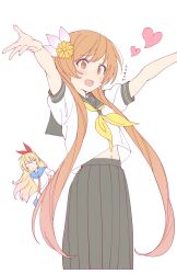 2girls angry blonde_hair blue_eyes blush brown_eyes brown_hair flower furrowed_brow hair_flower hair_ornament hair_ribbon heart highres kirisaki_chitoge multiple_girls navel necktie nisekoi outstretched_arms rakugaki_ningen red_ribbon ribbon school_uniform short_hair_with_long_locks smile spread_arms square-end_necktie tachibana_marika tie_clip white_background