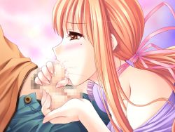 Rule 34 | 00s, artist request, blush, caressing testicles, censored, character request, cum, cum in mouth, cupping, fellatio, hair ribbon, long hair, mole, oral, orange eyes, orange hair, penis, penis grab, ponytail, pubic hair, ribbon, takeuchi himeka, testicles, tsuma shibori, tsumamigui (series)