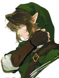 Rule 34 | 1boy, arm up, belt, belt buckle, blue eyes, brown belt, brown gloves, brown hair, buckle, chest belt, chinese commentary, closed mouth, commentary request, cropped shoulders, eyelashes, fingerless gloves, frown, gloves, green hat, green tunic, hat, highres, link, long pointy ears, looking down, male focus, nintendo, pointy ears, profile, salamanders0, shirt, simple background, solo, the legend of zelda, the legend of zelda: twilight princess, tunic, white background, white shirt