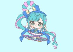 Rule 34 | 1girl, absurdly long hair, apron, aqua eyes, aqua hair, back bow, blue background, blue boots, blue bow, blue brooch, blue choker, blue neckerchief, blue pantyhose, blue skirt, boots, bow, bow apron, braid, braided hair rings, brooch, buttons, chibi, choker, closed mouth, commentary, cure spicy, delicious party precure, dot nose, eyelashes, footwear bow, frilled gloves, frilled skirt, frilled sleeves, frills, fuwa kokone, gloves, hair bow, hair rings, happy, heart, heart brooch, high-waist skirt, ichigo usuhana, jewelry, large bow, light blush, long hair, looking at viewer, loose hair strand, magical girl, medium skirt, multicolored hair, neckerchief, outstretched arms, pantyhose, pink bow, pink hair, precure, shirt, short sleeves, side ponytail, simple background, single hair ring, skirt, smile, solo, streaked hair, tareme, two-tone hair, very long hair, waist apron, white apron, white gloves, white shirt