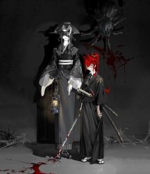 2girls absurdres animal_ears bandage_over_one_eye black_background black_dress black_footwear black_hair black_hat black_jacket black_kimono black_nails black_necktie black_sash black_sleeves blood blood_on_face blood_stain blue_eyes bug chinese_commentary closed_mouth collared_shirt commentary_request dress expressionless fingernails floral_print flower full_body hair_between_eyes hair_flower hair_ornament haori hat height_difference high_heels highres holding holding_lantern holding_sword holding_weapon huohuoguang jacket japanese_clothes katana kimono lantern layered_sleeves long_dress long_hair long_sleeves looking_at_viewer multiple_girls necktie obi original pale_skin parted_lips ponytail red_hair sandals sash sharp_fingernails sheath sheathed shirt short_hair silk smile socks spider spider_web sword tabi weapon white_shirt white_socks wide_sleeves wolf_ears yellow_eyes zouri