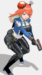 1girl absurdres alternate_costume ass black_gloves black_pants blue_jacket blue_shoes breasts bulletproof_vest checkered_necktie chef_hat clothes_writing collared_shirt commentary cosplay earrings feather_earrings feathers full_body gloves gradient_hair green_hair grey_background gun handgun hat high-waist_pants highres holding holding_gun holding_weapon hololive hololive_english holster jacket jewelry large_breasts long_hair looking_at_viewer multicolored_hair multiple_hats necktie open_mouth orange_hair orange_hat pants police police_badge police_uniform policewoman purple_eyes shadow shirt shirt_tucked_in shoes simple_background smile solo takanashi_kiara thighs tight_clothes tight_pants tomo0843 virtual_youtuber weapon white_shirt zenless_zone_zero zhu_yuan zhu_yuan_(cosplay)