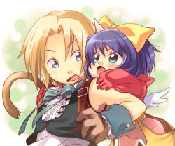 1boy 1girl age_difference arm_belt artist_collaboration blonde_hair blue_eyes blue_wrist_cuffs bob_cut bow brown_gloves collared_shirt commentary_request eiko_carol fake_wings final_fantasy final_fantasy_ix frilled_shirt frilled_wrist_cuffs frills gloves green_background green_ribbon green_vest hair_bow horns izumi_makoto light_blush looking_back medium_hair monkey_tail neck_ribbon open_mouth pants purple_hair rangetsu_yukka red_sweater ribbon shirt single_horn sleeveless sleeveless_shirt sweatdrop sweater tail upper_body vest white_shirt wing_collar wings wrist_cuffs yellow_bow yellow_pants zidane_tribal