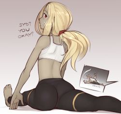 1girl ass blonde_hair blush dark-skinned_female dark_skin gravity_daze kitten_(gravity_daze) long_hair looking_back nickleflick open_mouth pants red_eyes solo speech_bubble split sweat syd_(gravity_daze) tank_top yoga_pants