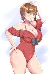 1girl asahi_(kancolle) asahi_(swimsuit)_(kancolle) breasts brown_eyes brown_hair casual_one-piece_swimsuit cleavage covered_navel cowboy_shot frilled_one-piece_swimsuit frills highres kantai_collection large_breasts mole mole_under_mouth no_count_0000 official_alternate_costume one-piece_swimsuit plump red_one-piece_swimsuit short_hair solo swimsuit