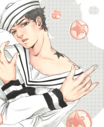 1boy baiyishaonian_huam birthmark black_hair bubble dixie_cup_hat hat higashikata_josuke_(jojolion) highres joestar_birthmark jojo_no_kimyou_na_bouken jojolion licking_lips male_focus military_hat sailor solo tongue tongue_out