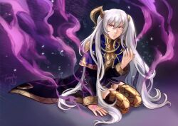 1girl absurdres armor armored_boots black_robe black_thighhighs boots closed_mouth commentary cosplay english_commentary eyes_of_grima female_robin_(fire_emblem) female_robin_(fire_emblem)_(cosplay) female_robin_(grandmaster)_(fire_emblem) fire_emblem fire_emblem_awakening hair_between_eyes highres horns knee_boots long_hair long_sleeves nintendo open_clothes open_robe purple_aura robe severa_(fire_emblem) single_horn sitting solo tamafry thighhighs twintails white_hair