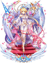 1girl baizu_(guszx) bare_shoulders blonde_hair blush boots bouquet breasts carpet character_name cleavage clothing_cutout collarbone crown detached_sleeves flower full_body high_heel_boots high_heels highres holding holding_polearm holding_weapon lance large_breasts leotard long_hair looking_at_viewer mini_crown navel navel_cutout petals pink_flower pink_rose polearm red_carpet red_eyes ribbon rose rose_petals shironeko_project sierra_(shironeko_project) simple_background smile solo stairs tachi-e tsurime very_long_hair weapon white_background white_dragon white_leotard
