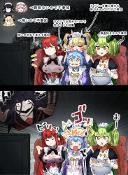 6+girls absurdres apron black_hair blonde_hair blue_eyes blue_hair blue_kimono blunt_bangs blush bowl breasts chamber_dragonmaid chef closed_eyes closed_mouth couch dragon_girl dragon_horns dragon_tail dragon_wings duel_monster eastern_dragon_horns food frilled_apron frilled_sleeves frills green_hair hatano_kiyoshi highres holding holding_bowl holding_food horns house_dragonmaid japanese_clothes kimono kitchen_dragonmaid large_breasts lattice_dragonmaid laundry_dragonmaid leaf long_hair long_sleeves maid maid_apron mixed_maids multiple_girls nurse_dragonmaid open_mouth parlor_dragonmaid pink_hair popcorn puffy_long_sleeves puffy_short_sleeves puffy_sleeves red_eyes red_hair scared short_hair short_sleeves short_twintails sleeves_past_wrists smelling smile surprised sweat tail twintails wa_maid white_apron wings wrist_cuffs yellow_eyes yu-gi-oh!