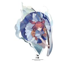 Rule 34 | 1girl, apron, blue dress, breasts, commentary request, dress, english text, flying, frills, ghost, hair between eyes, hair bobbles, hair ornament, highres, holding, holding scythe, holding weapon, large breasts, looking at viewer, onozuka komachi, puffy short sleeves, puffy sleeves, red eyes, red hair, reeh (yukuri130), scythe, shirt, short hair, short sleeves, short twintails, simple background, smile, solo, teeth, touhou, touhou hisoutensoku, twintails, weapon, white apron, white background, white shirt