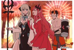 2girls baobhan_sith_(fate) baobhan_sith_(first_ascension)_(fate) beryl_gut black_hair blue_eyes closed_eyes fate/grand_order fate_(series) long_hair morgan_le_fay_(fate) multiple_girls odeyama open_mouth pointy_ears polearm ponytail red_hair short_hair smile spear weapon white_hair