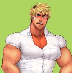 1boy blonde_hair blush highres looking_at_viewer male_focus muscular original pectorals solo teeth yuatari