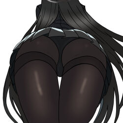 1girl ass back black_hair black_jacket black_panties black_pantyhose black_skirt blazer blue_archive from_below hmzeus jacket long_hair panties panties_under_pantyhose pantyhose pleated_skirt rio_(blue_archive) simple_background skirt solo underwear white_background