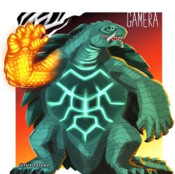 artist_name body_markings character_name claws engi_(animation_studio) english_text gamera gamera_(series) gamera_-rebirth- giant giant_monster glowing glowing_eyes glowing_hand glowing_markings glowing_throat glowing_veins green_eyes kadokawa kaiju monster no_humans pyrasterran sea_monster sharp_teeth signature smoke steam tail teeth turtle tusks veins