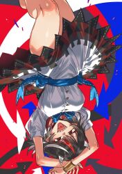 1girl armlet arms_behind_head arms_up arrow_(symbol) arrow_print belt black_hair blue_belt breasts buttons dress fingernails grey_nagato grin highres horns jewelry kijin_seija knee_up large_breasts multicolored_hair puffy_short_sleeves puffy_sleeves red_background red_eyes red_sailor_collar ribbon_trim sailor_collar sharp_fingernails sharp_teeth shirt short_hair short_sleeves smile solo streaked_hair teeth tongue tongue_out touhou upside-down white_shirt