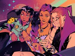 3girls aqua_shirt artist_name bangle bare_shoulders black_hair black_shirt bracelet braid covering_own_mouth double_bun earrings fingernails hair_bun hair_over_shoulder half_updo hand_over_own_mouth highres huntrix jewelry kpop_demon_hunters kurdupl long_fingernails long_hair mira_(kpop_demon_hunters) multiple_bracelets multiple_girls multiple_rings necklace parted_bangs parted_lips pink_hair purple_hair ring rumi_(kpop_demon_hunters) shirt short_bangs short_hair short_twintails single_braid sitting smile studded_bracelet twintails upper_body very_long_hair zoey_(kpop_demon_hunters)