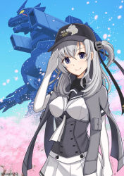 1girl ammunition_backpack anchor_symbol arm_cannon autocannon black_headband black_sailor_collar blue_sky bodysuit breasts cannon cape cherry_blossoms clothes_writing cyborg day glowing godzilla_(series) godzilla_against_mechagodzilla grey_cape grey_jacket hachimaki hair_ornament hat headband highres jacket japan_self-defense_force jetpack kaiju kantai_collection kiryu_(godzilla) long_hair looking_at_viewer magnetic_weapon mecha mechagodzilla medium_breasts military missile_launcher missile_pod nib_pen_(medium) one_side_up outdoors pen_(medium) propeller_hair_ornament railgun robot rocket_launcher rocket_pod sailor_collar salute ship_turret shoulder_cannon shoulder_gun silver_hair skirt sky suzutsuki_(kancolle) toho traditional_media tree twitter_username type-0_railgun weapon white_bodysuit white_headband white_neckwear white_skirt wrist_cannon wrist_gun yuuki_koutarou