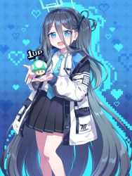 1-up_mushroom 1girl 1up :d absurdres aris_(blue_archive) black_hair black_hairband black_skirt blouse blue_archive blue_background blue_eyes blue_necktie clothes_writing coat collared_shirt hair_between_eyes hairband heart highres kaoling long_hair long_hair_between_eyes long_sleeves looking_at_viewer necktie one_side_up open_mouth pixelated pleated_skirt shirt skirt smile solo standing tie_clip very_long_hair white_coat white_shirt