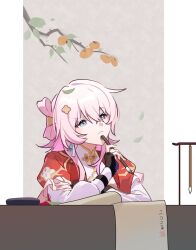 1girl black_gloves blue_eyes calligraphy_brush falling_petals fingerless_gloves fulong gloves honkai:_star_rail honkai_(series) march_7th_(honkai:_star_rail) march_7th_(hunt)_(honkai:_star_rail) multicolored_eyes paintbrush petals pink_hair solo two-tone_eyes upper_body