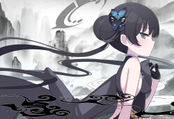 1girl absurdres armpit_crease back_cutout black_dress black_gloves black_hair blue_archive blush breasts bun_with_braided_base butterfly_hair_ornament china_dress chinese_clothes clothing_cutout coat commentary dragon_print dress floating_hair fog from_side gloves grey_eyes hair_bun hair_ornament highres holding holding_coat holding_unworn_clothes kisaki_(blue_archive) long_hair looking_at_viewer mountainous_horizon parted_lips rindou_ringdong sidelocks sleeveless sleeveless_dress small_breasts solo unworn_coat upper_body very_long_hair