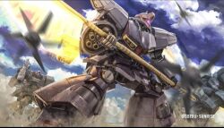arm_cannon artist_request battle bazooka_(gundam) beam_axe beam_cannon cable cloud cloudy_sky copyright_logo debris desert dom_(mobile_suit) dreissen dual_arm_cannons dust_cloud fake_screenshot firing flying gelgoog gundam gundam_battle_operation_2 gundam_unicorn gundam_zz machinery mecha mecha_focus mobile_suit motion_blur no_humans official_art one-eyed realistic robot science_fiction sky sunrise_(company) tri-blade weapon