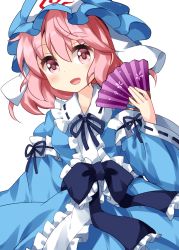 1girl blue_hat blue_kimono blue_ribbon floral_print folding_fan hand_fan hat highres holding holding_fan japanese_clothes kimono long_sleeves looking_at_viewer medium_hair mob_cap neck_ribbon open_mouth pink_eyes pink_hair ribbon ribbon-trimmed_collar ribbon-trimmed_sleeves ribbon_trim ruu_(tksymkw) saigyouji_yuyuko simple_background smile solo spiral standing touhou triangular_headpiece white_background wide_sleeves