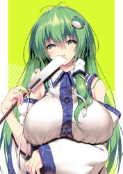 1girl absurdres antenna_hair bare_shoulders blush breasts detached_sleeves frog_hair_ornament gohei green_eyes green_hair hair_between_eyes hair_ornament hair_tubes highres holding huge_breasts japanese_clothes kochiya_sanae long_hair looking_at_viewer nontraditional_miko open_mouth sakurame snake_hair_ornament solo touhou upper_body white_sleeves wide_sleeves