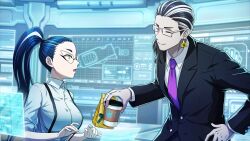 1boy 1girl :o ^_^ absurdres black_hair black_jacket black_suit blue_hair closed_eyes collared_shirt cup disposable_coffee_cup disposable_cup earrings facing_another formal_clothes glasses gotanda_yutaka hand_on_own_hip highres holding holding_cup holographic_interface jacket jewelry looking_at_another multicolored_hair necktie official_art ooi_minami ponytail purple_necktie shirt smile streaked_hair suit surprised suspenders tribe_nine two-tone_hair v-shaped_eyebrows white_hair white_shirt wide-eyed yellow_eyes