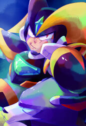 Rule 34 | 1boy, android, animal, annoyed, arm support, armor, b no hito, bass (mega man), black armor, black helmet, chest jewel, clenched hands, closed eyes, closed mouth, dog, facial mark, forehead jewel, gradient background, hand on own face, helmet, jewelry, looking at viewer, mega man (classic), mega man (series), non-humanoid robot, out of frame, red eyes, robot, robot animal, robot dog, robot ears, shoulder armor, sleeping, smile, treble (mega man)