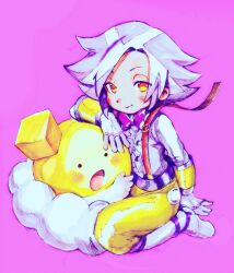 Rule 34 | 1boy, blush, bow, bowtie, center frills, dress shirt, ex (puyopuyo), fingerless gloves, frills, full body, gloves, grin, highres, looking at viewer, male focus, o (puyopuyo), orange eyes, pants, pink background, purple bow, purple bowtie, puyopuyo, puyopuyo tetris, reticulum, shirt, short hair, simple background, smile, suspenders, white gloves, yellow pants