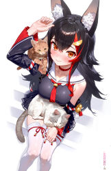 1girl animal_ear_fluff animal_ears bell black_hair black_serafuku black_shirt black_skirt black_sleeves blush breasts cat choker closed_mouth commentary cropped_shirt cross-laced_slit crossed_bangs detached_sleeves english_commentary flipped_hair hair_between_eyes hair_ornament hairclip hand_up highres hololive jingle_bell knees_together_feet_apart kouhaku_nawa large_breasts long_hair looking_at_viewer maro2ki3 miniskirt neckerchief necktie ookami_mio ookami_mio_(1st_costume) pleated_skirt pleated_sleeves red_choker red_hair red_neckerchief red_necktie rope sailor_collar school_uniform serafuku shimenawa shirt side_slit sidelocks sitting sitting_on_stairs skirt sleeveless sleeveless_shirt smile solo spiked_hair stairs tabi taiga_(ookami_mio) tawa_(ookami_mio) thighhighs very_long_hair virtual_youtuber white_sailor_collar white_thighhighs wolf_ears wolf_girl yellow_eyes