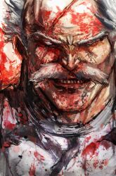 1boy bald_spot balding blind_eye blood blood_on_face blood_splatter bodysuit conquest_(invincible) evil_grin evil_smile facial_hair grin highres invincible_(series) kyezzzz looking_at_viewer muscular mustache old old_man open_mouth scar scar_across_eye scar_on_face scar_on_head short_hair smile superhero_costume teeth thick_mustache white_hair