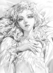 1girl expressionless greyscale hand_up highres lips lying monochrome nose original pajamas solo vlfdus_0