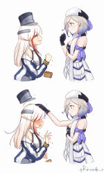 2girls absurdres aticsanir bare_shoulders beans beret black_gloves black_necktie blonde_hair blue_eyes blush breasts clenched_teeth collared_shirt dropping gloves gradient_hair hair_ornament hat headpat highres jacket jean_bart_(kancolle) kantai_collection large_breasts long_hair massachusetts_(kancolle) masu military_hat multicolored_hair multiple_girls necktie open_clothes open_jacket open_mouth red_eyes red_hair setsubun shako shirt short_hair simple_background sleeveless sleeveless_shirt star_(symbol) star_hair_ornament strapless strapless_shirt teeth twitter_username white_background white_hair white_headwear white_shirt