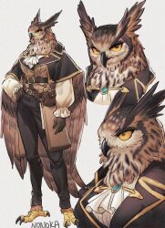 1girl artist_name ascot beak belt belt_pouch bird_girl bird_legs bird_tail black_pants brown_feathers buckle buttons capelet commentary double-breasted feathered_wings feathers full_body furry furry_female gloves hand_on_own_hip highres lapels nonoka917 original owl_ears owl_girl pants pouch puffy_sleeves simple_background solo standing symbol-only_commentary tail talons white_background wings yellow_eyes